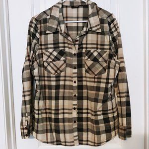 a.n.a Women's Long Tab Sleeve Cotton Button Down - Gray Brown Plaid - Size XL